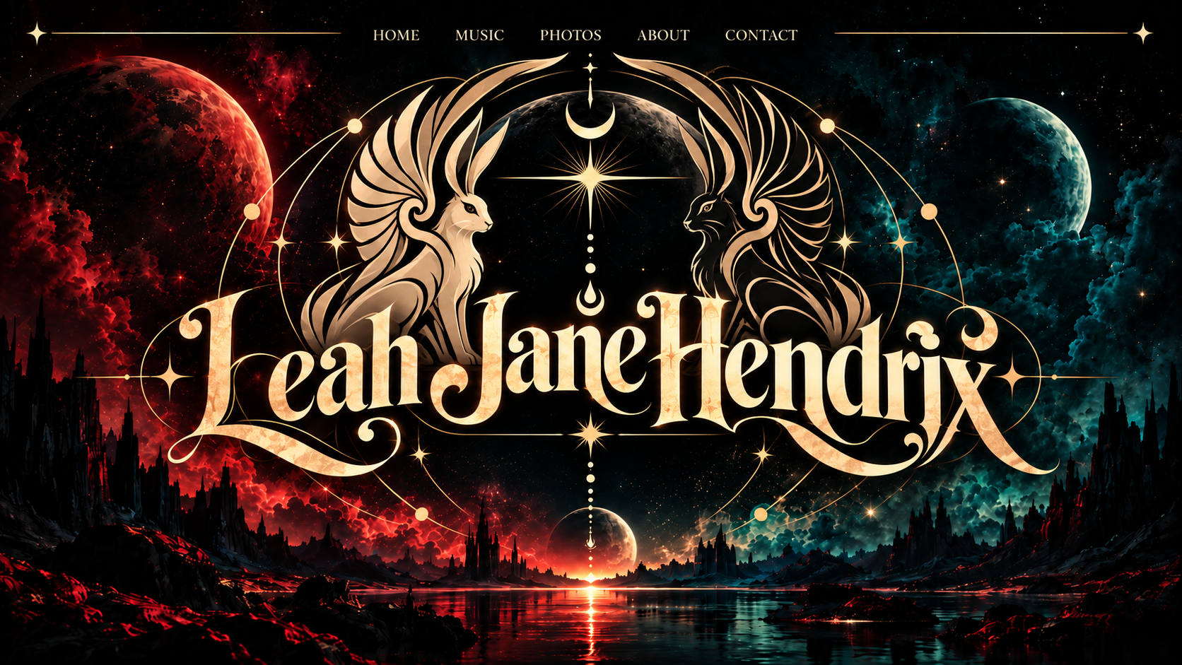 Leah Jane Hendrix in a dramatic gold wordmark, framed by opposing winged rabbit guardians and a celestial pendant